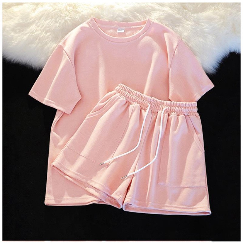 Pink Casual Sports Suit Women's Summer New Style Large Size Loose Slimming Short-Sleeved Shorts with a Complete Set