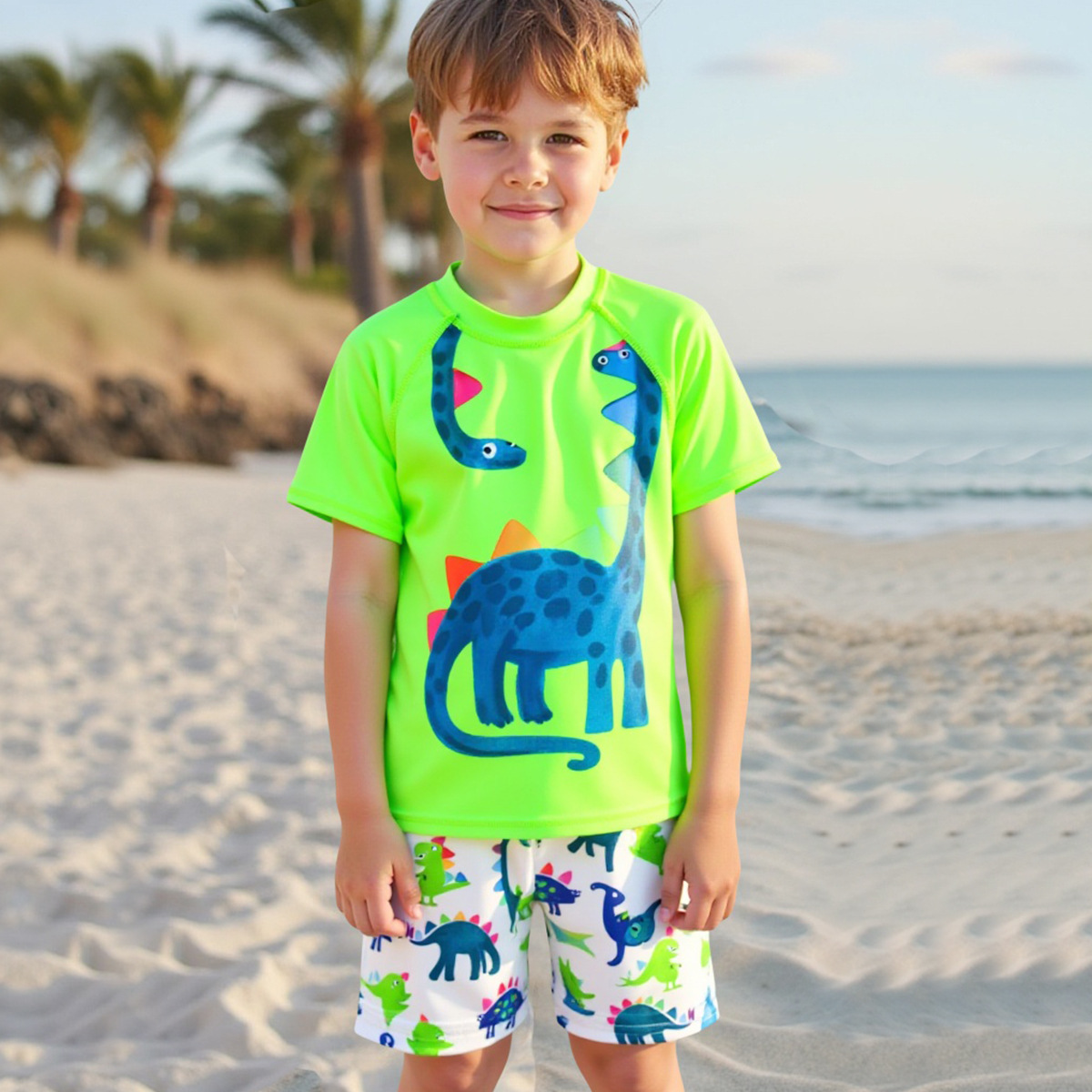 Children's Swimsuit Boys Split Swimsuit 2025 New Cartoon Dinosaur Short-Sleeved Beach Shorts Boys Swimsuit
