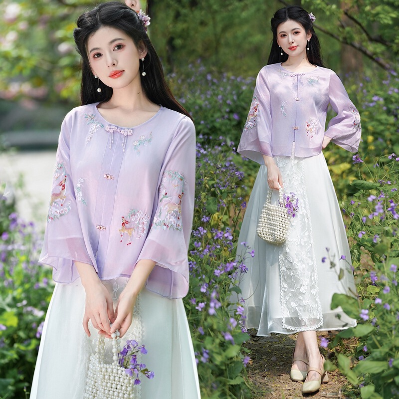 Real Shot of New Chinese-Style Oriental Hanfu with Heavy Embroidery, Round Neck, Plate Buttons, Improved Embroidery, and Improved Half-Skirt Set Real Shot of New Chinese-Style Oriental Hanfu with Heavy Embroidery, Round Neck, Plate Buttons, Improved Embroidery, and Improved Half-Skirt Set