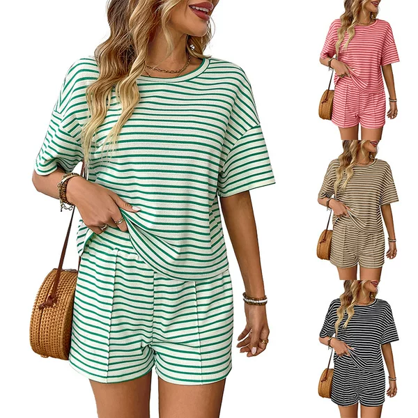 Cross-border European and American Women's 2025 Summer New Amazon Knitted Striped Fashion Casual Shorts Sports suit Women