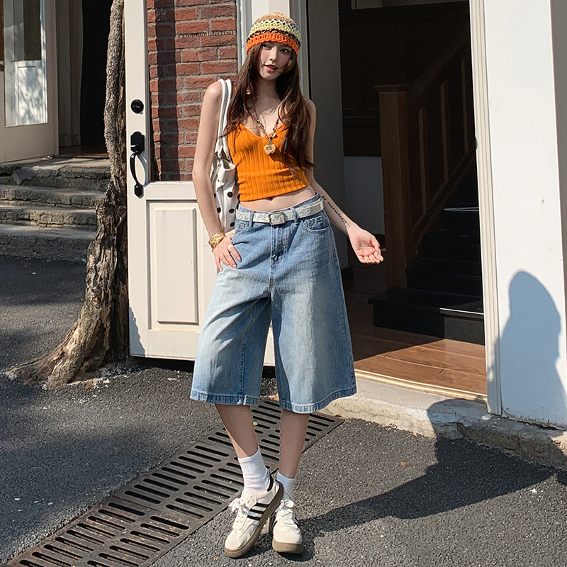Trendy American Retro Loose Wide-Leg Pants High-Waisted Versatile Drapey Textured Five-Point Pants Spring and Summer Women's Jeans Trendy American Retro Loose Wide-Leg Pants High-Waisted Versatile Drapey Textured Five-Point Pants Spring and Summer Women's Jeans
