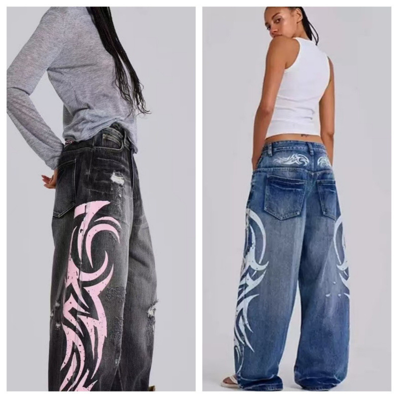 Jaded London Street Style Cool Mottled Totem Print Wide-Leg Vintage Loose Jeans Unisex