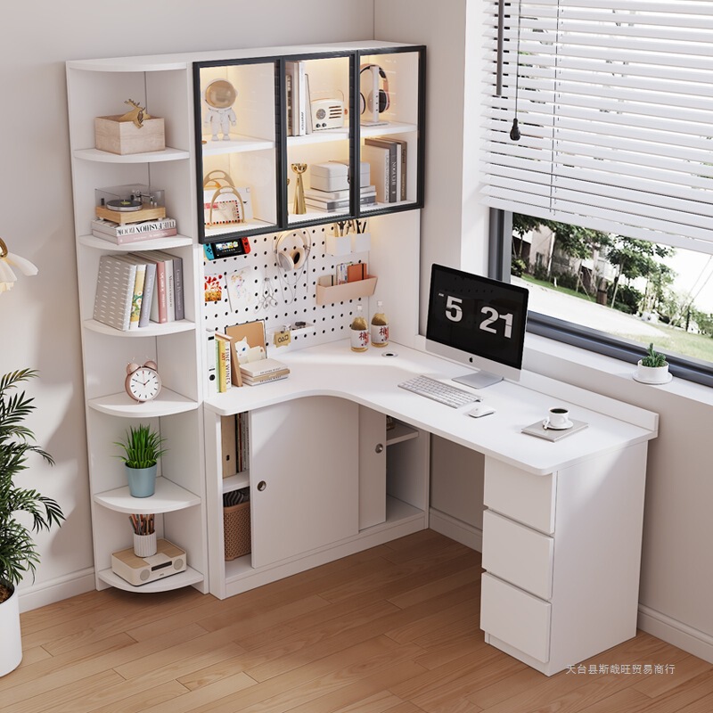 Solid Wood Corner Desk Bookshelf Integrated Student Home Learning Writing Desk Simple Desktop Computer Desk Bookcase Dream Source