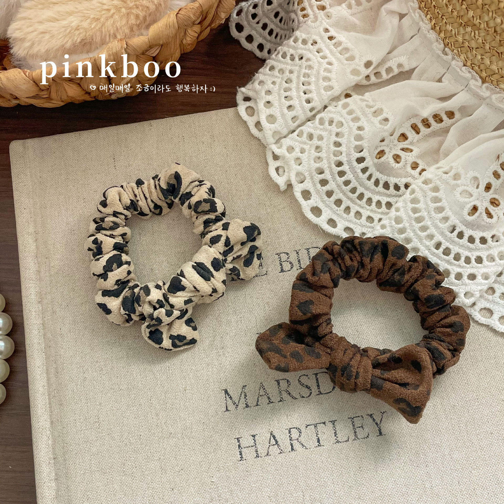 Pinkboo Retro Sweet Cool Leopard Print Bow Scrunchie Plush Texture Niche Design Hair Tie Fabric