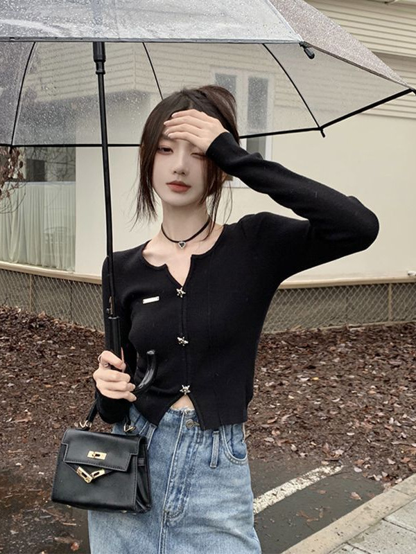 纯欲v领黑色打底衫女针织开衫2025春秋装新款辣妹上衣设计感小众|undefined