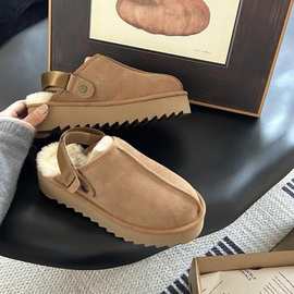 现货牛皮版～皮毛一体厚底雪地靴女加绒加厚保暖增高真皮包头拖鞋