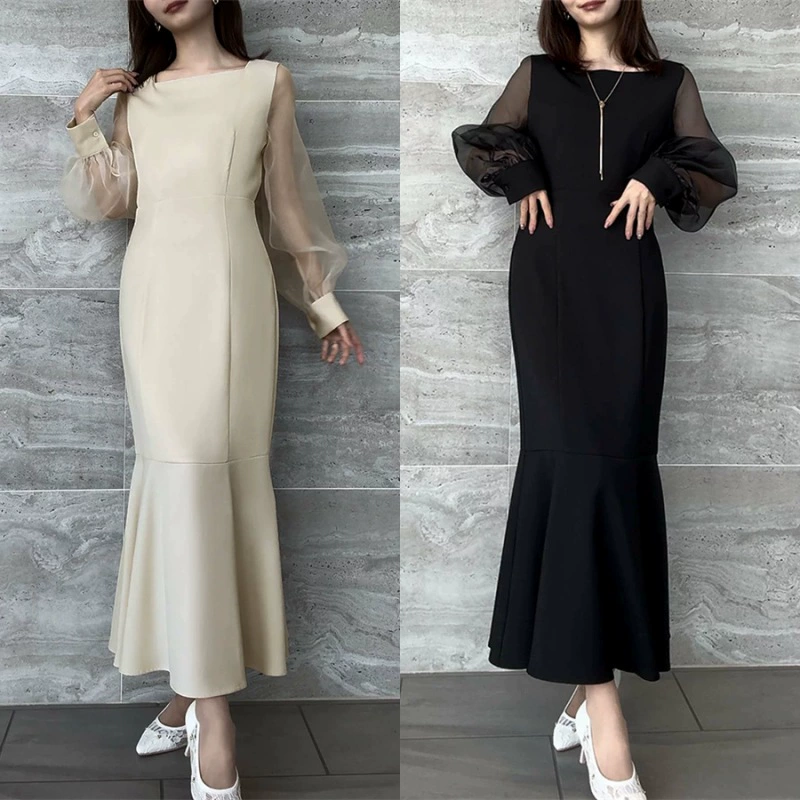 В наличии европейское и корейское/японское внешнеторговое весеннее, осеннее и зимнее платье с длинными рукавами и лоскутным дизайном, платье-русалка.