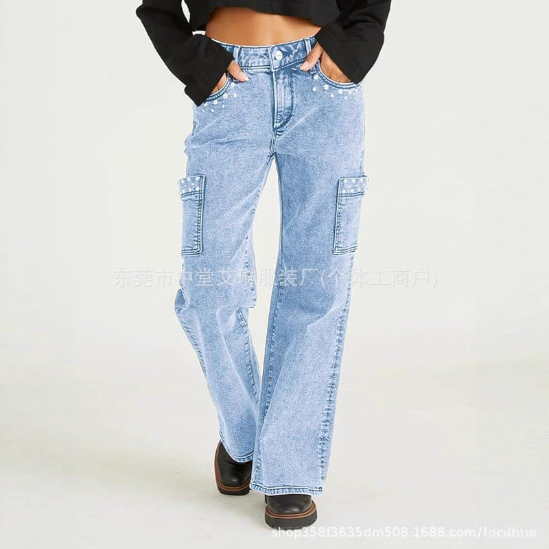 European and American New Cross-Border Women's Pearl High-Waisted Jeans Boyfriend Style Loose Straight Casual Jeans Y2K Street Style