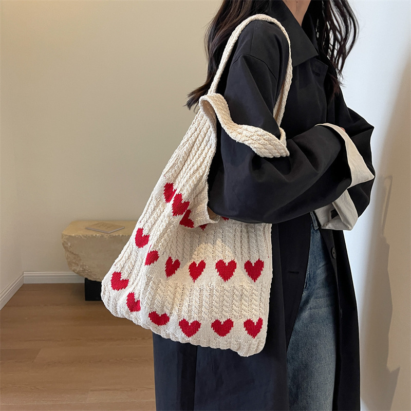 Cross-Border Forest Knitted Love Tote Bag, High-End and Exquisite Wool, Fresh, Simple and Fashionable One-Shoulder Women's Shopping Bag Cross-Border Forest Knitted Love Tote Bag, High-End and Exquisite Wool, Fresh, Simple and Fashionable One-Shoulder Women's Shopping Bag