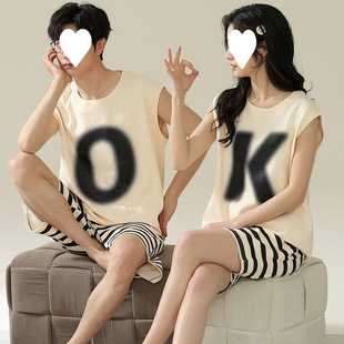 100% Cotton Couple Pajamas, One Man and One Woman, Summer Sleeveless Cartoon Cute Casual Summer Home Wear Set