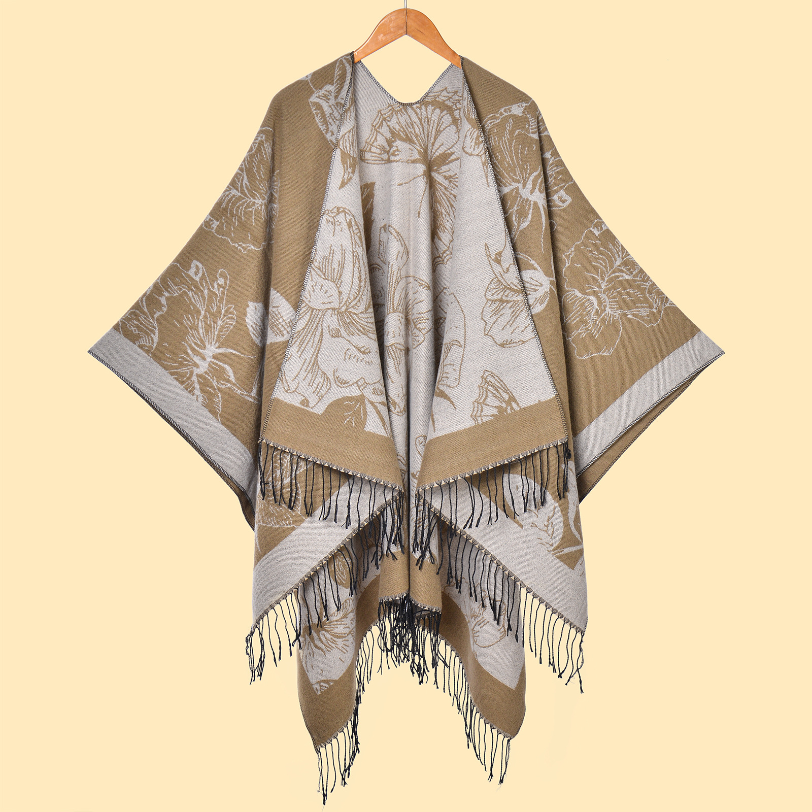Nueva moda femenina europea y americana, flores grandes, borlas, puntas abiertas, capa de chal cálido de doble cara, venta caliente transfronteriza, capa de cachemira de imitación