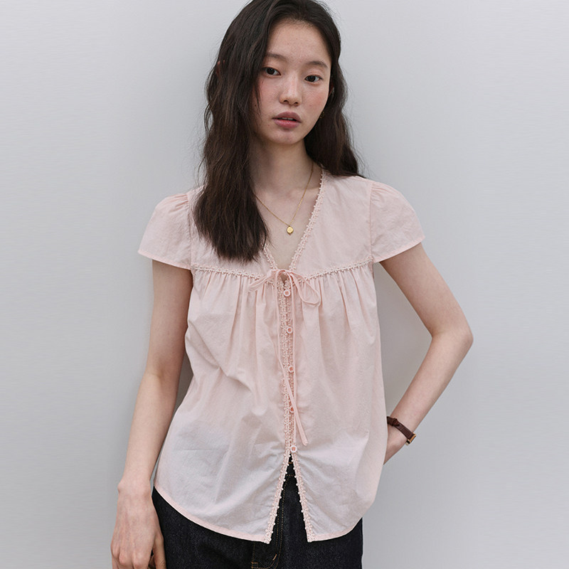 "Mustard Pie Vooe" Pink V-Neck Lace Pleated Shirt for Women, New Summer Style Sweet Top with Ties "Mustard Pie Vooe" Pink V-Neck Lace Pleated Shirt for Women, New Summer Style Sweet Top with Ties