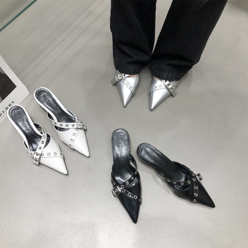 Baotou Pointed Half Slippers Women's Outerwear Summer 2024 Fashionable Sandals with Belt Buckle High Heel Mid-Heel Fine Heel Muller Shoes