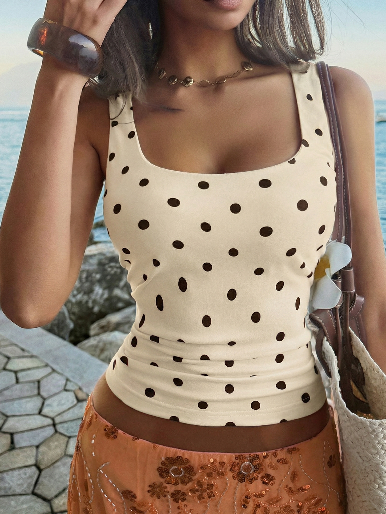 Women's Polka Dot U-Neck Sleeveless Top, Cute & Flowy Vacation Blouse For Summer_ecoleips.com