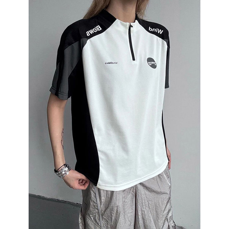 Contrast Color American Jersey T-Shirt for Men and Women Summer Stand-Up Collar Half-Zip Short-Sleeved Cycling Jersey Outdoor Sports Quick-Drying Half-Sleeve