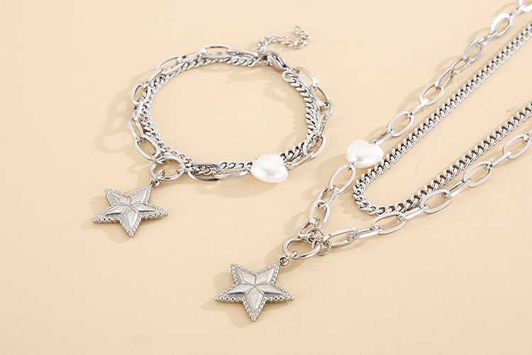 Wholesale Fashion Stainless Steel Star-shaped Double-layer Necklace Bracelet Suit Nihaojewelry display picture 6