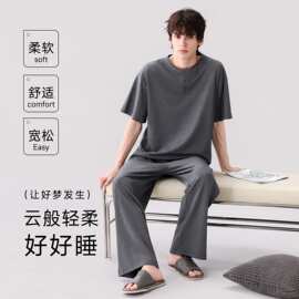夏季新款纯棉男士短袖长裤套头睡衣时尚休闲男家居服图片色居家
