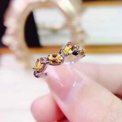 新款招財天然巴西黃水晶戒指女鍍白金寶石轉運指環日韓不規則食指