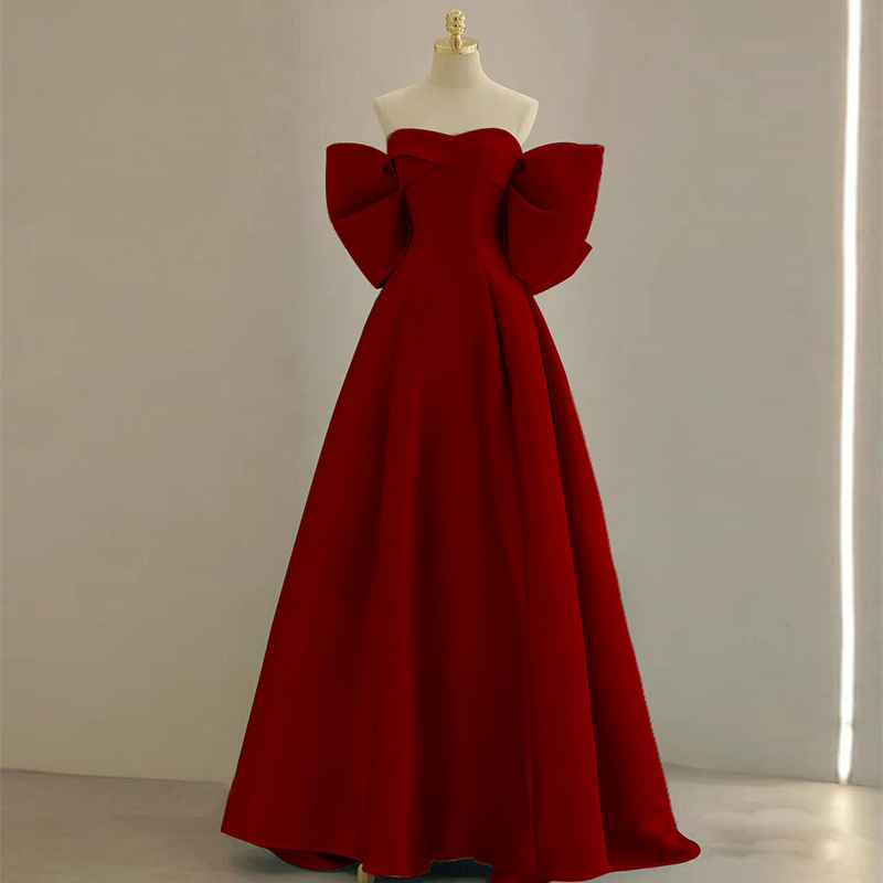 Burgundy Toast Dress 2026 Summer New Style Bride's Strapless Long Engagement Fashion Trendy Banquet Gown