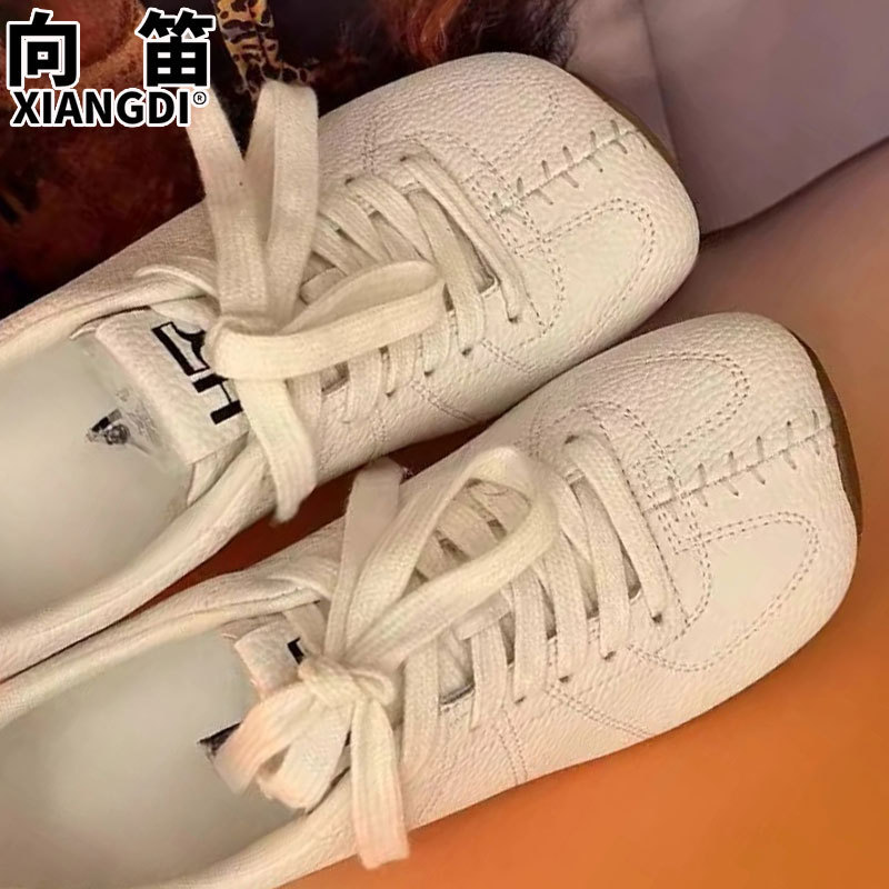 牛皮版方头小白鞋子女鞋2025秋季新款小众芭蕾风德训鞋女款阿甘鞋|undefined