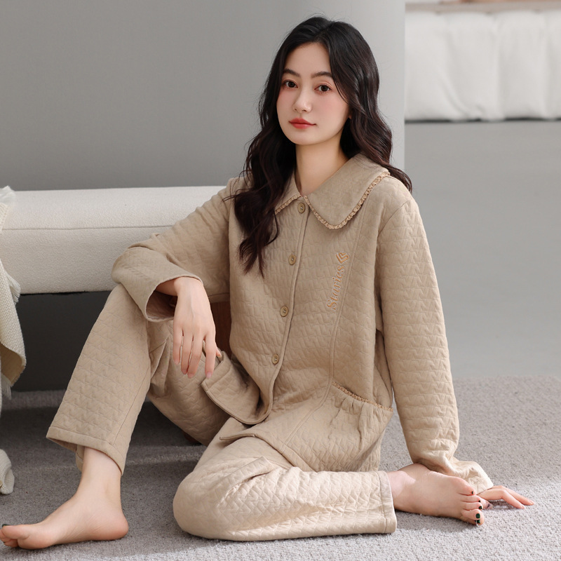 2025 New Pajamas for Women, Autumn and Winter Warm Air Cotton Sandwich Thickeneded Women's Spring & Fall Pure Cotton Long-Sleeved Home Clothes