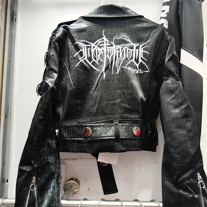 American-Style Heavy-Duty Button-Up Crocodile Pattern Pu Leather Jacket for Women, New Autumn Cool Embroidered Biker Jacket