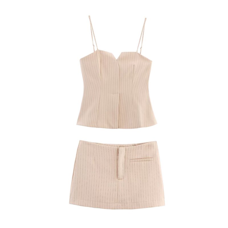 Pb&Za Women's New Fashion Pleated Stripesd Suspender Top + Pinstripes Culottes Suit Women 3067014