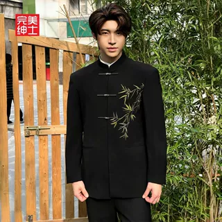 绿色刺绣竹子围棋社男装下棋古风年轻人新中式男士中国风套装