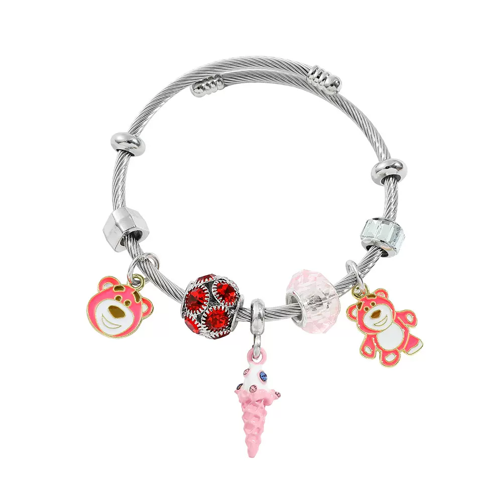 草莓熊不锈钢手镯潘家可调节开口手镯可爱卡通动漫饰品手串批发