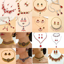 欧美跨境爆款新娘饰品宝石水滴项链耳环红色系列璀璨满钻首饰套装