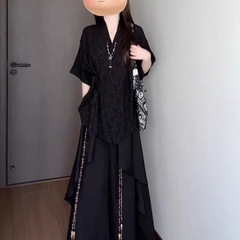 又酷又飒的穿搭汉服夏季新中式复古小众衬衫拼接阔腿休闲裤两件套