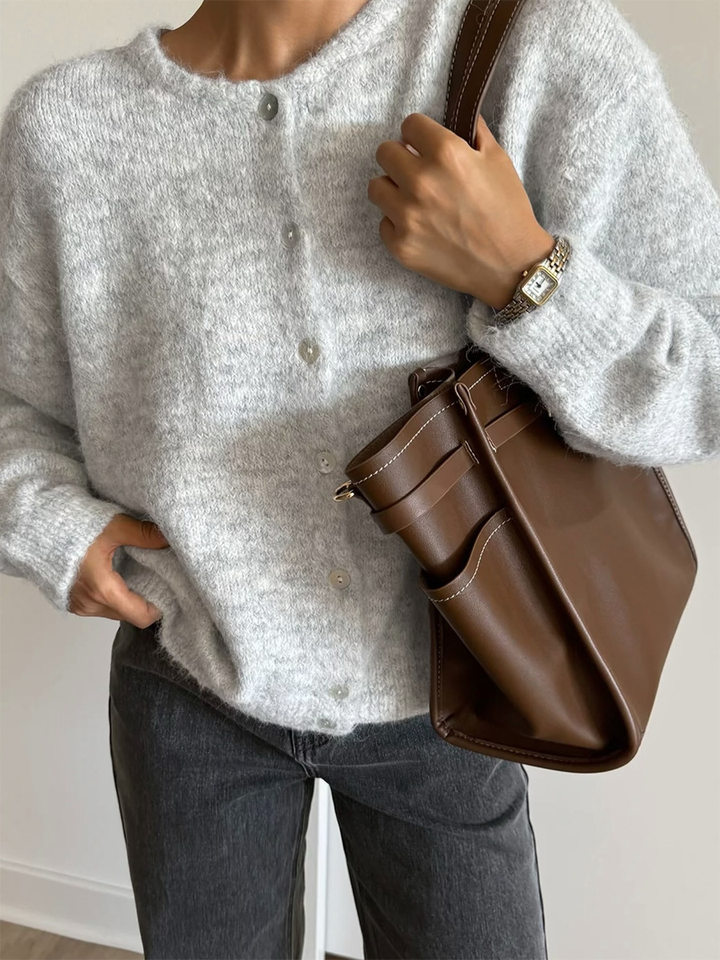 Áo khoác cardigan len nữ cổ tròn dài tay cài một hàng cúc phong cách retro thanh lịch — Màu trắng, Màu xám đậm, Xanh da trời, Xanh lá cây chi tiết 3