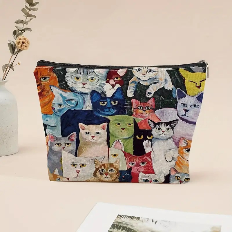 Transfronterizos Amazon maquillaje de mujer diseño de gato maquillaje creativo bolsa bolsa de almacenamiento lino bolsa de cremallera impermeable