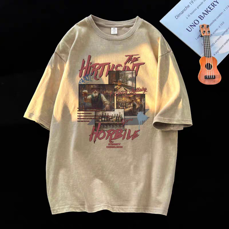 アメリカンヘビーウェイトピュアコットンウォッシュ加工ダメージ半袖Tシャツメンズ夏ルーズ半袖ハイストリートTシャツボトリングシャツトレンディブランド|undefined