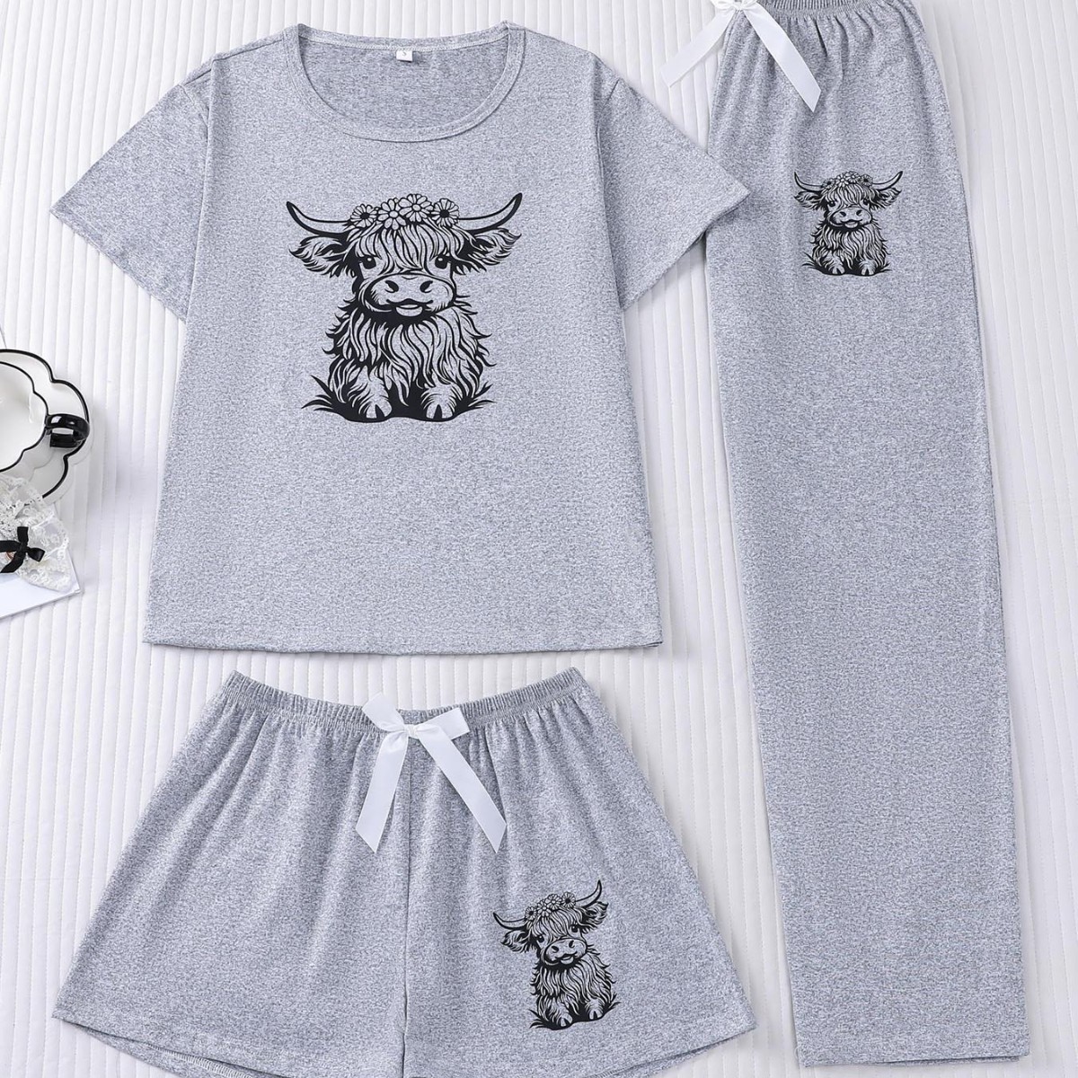 Cross-border European American New Style Cute Calf Print Short-sleeve Shorts And Long Pants 3-piece Set Comfortable_voghion.com