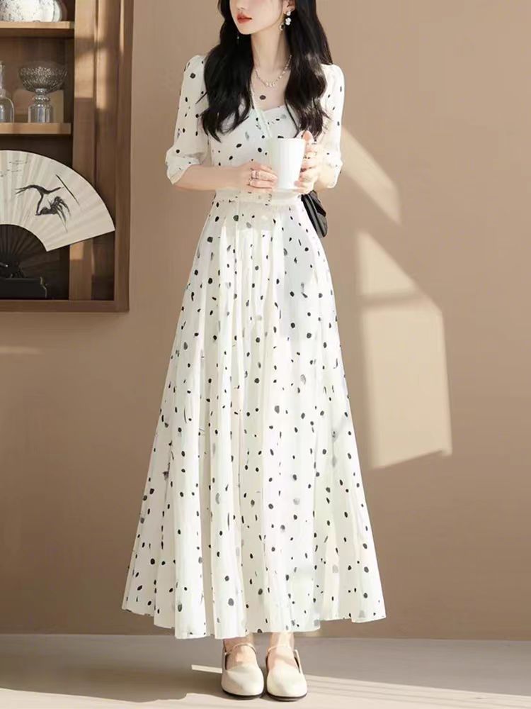 Đầm suông nữ midi họa tiết chấm bi phong cách Pháp — Điểm sóng trắng