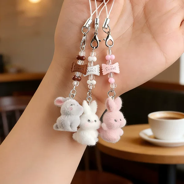 Resin Flocked Candy Rabbit Lanyard Handmade Beaded DIY Girly Ins Keychain Cute Charm Chain