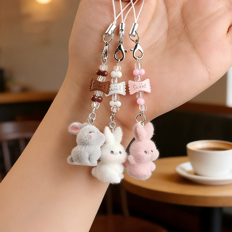 Resin Flocked Candy Rabbit Lanyard Handmade Beaded DIY Girly Ins Keychain Cute Charm Chain