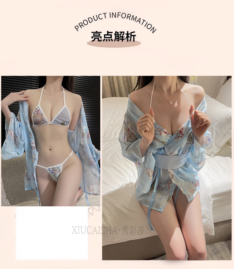 Japanese Print Kimono Three-Piece Lingerie Set with Robe, Belt and Thong — detail image 9