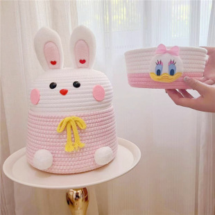 Bear Cartoon Desktop Fabric Storage Basket with Lid Rabbit Storage Box Hand-woven Round Snack Cosmetic Bucket