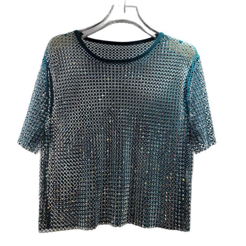 Diámetro de diamante hueco de diseño de perspectiva sensación de cuello redondo chaqueta corta delgada camiseta de mujer estilo extranjero blusa universal