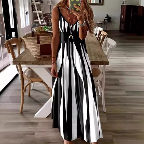 Summer New Arrival European and American Style Hot-Selling Casual Strappy Printed V-Neck Sleeveless Long Dress/One-Piece Dress