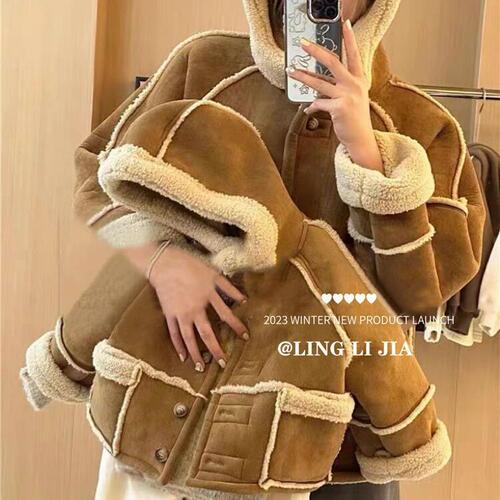 Ningli children's suede reversible coat winter girls Korean style thickened warm fur one-piece hooded coat trendy