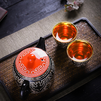 金银错茶壶茶杯999银陶瓷功夫茶具泡茶壶一壶二杯仿漆品茗主人杯|ms