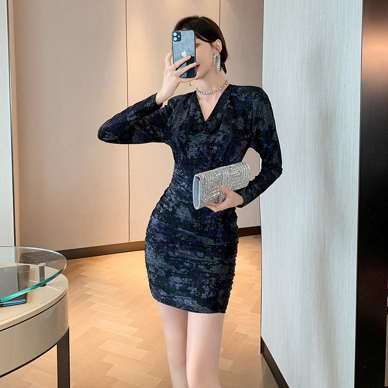 Đầm ôm body nữ cổ cọc Jacquard thêu hoa nhũ — Màu tím đen