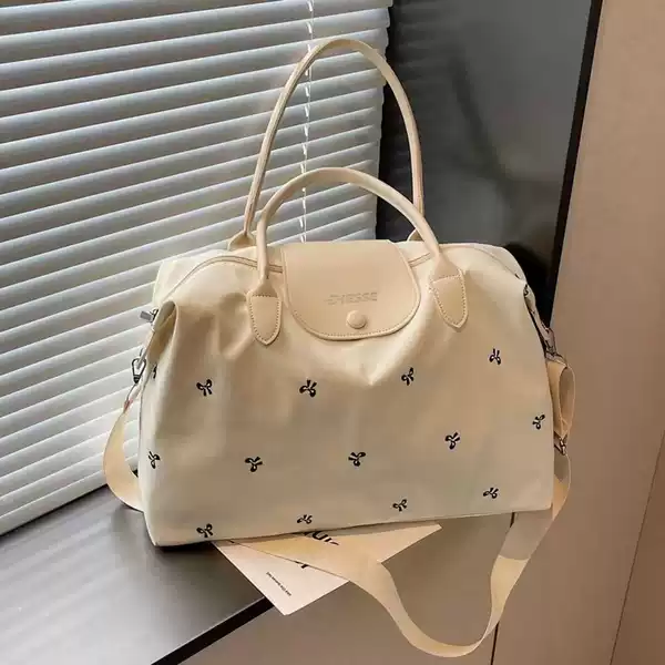Embroidered Bow Boston Bag, Large Capacity, Suitable for Commuting, Fitness, Short Trips, Portable Crossbody Storage Luggage Bag