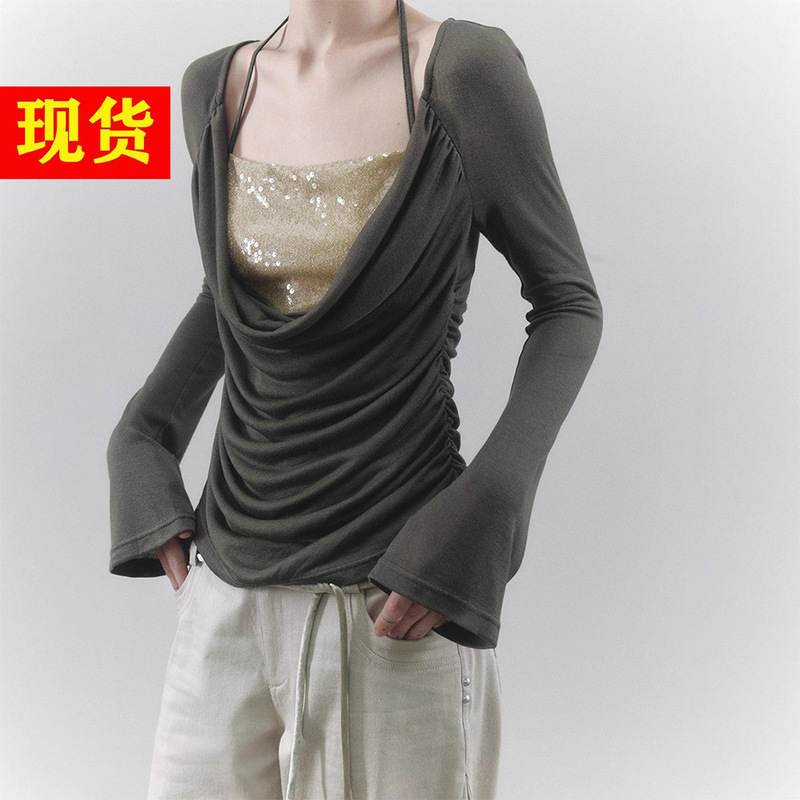 Mottoless Sequin Tube Top with Contrasting Color Tencel Wool Knitted Deep Swing Collar Pleated Halter Fake Two-Piece Top for Women