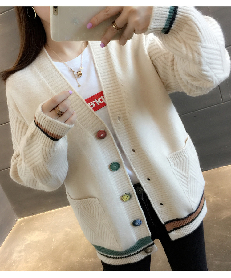 Women's Clothing Knitted Sweater V Neck All match Small Cardigan Jacket Women's Colorblock Sweater _voghion.com