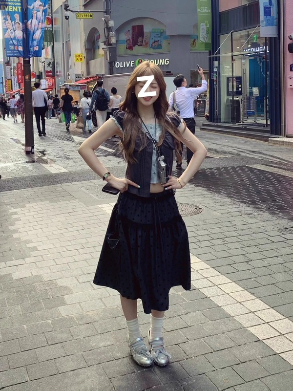 韩系假两件拼接泡泡袖衬衫女装夏季气质古早味波点半身裙子两件套|undefined