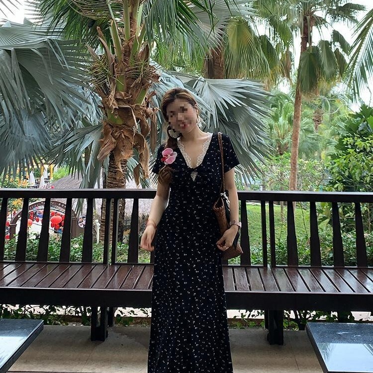 Summer Plus-Size Patchwork Collar Long Dress, Slimming Short-Sleeve Floral Lace French-Style Dress for Women, New Style